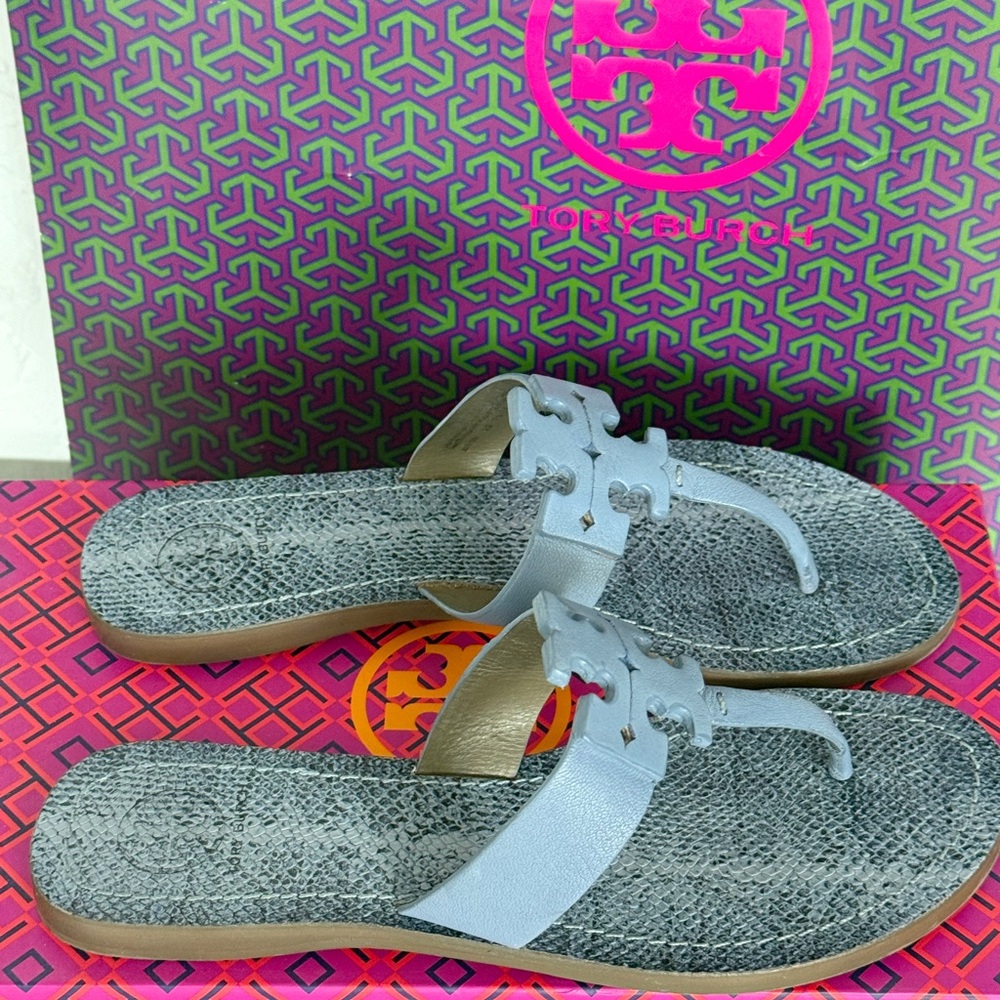Tory Burch ocean mist Moore Flat Thong north leather size 7 -flip flop sandals - Picture 4 of 11